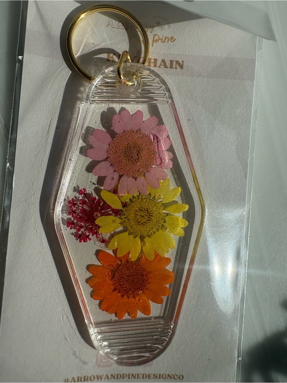 Pressed Flower Resin Keychain - Pink, Yellow & Orange Floral Accent motel style